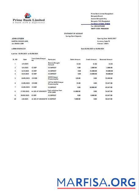 Downloadable Bangladesh Prime bank Limited statement of account word version 2 example